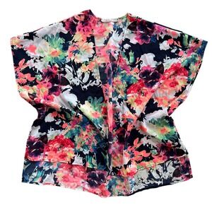 Pistachio Women L Pink Coral Colorful Floral Open Front Short Sleeve Kimono Chic